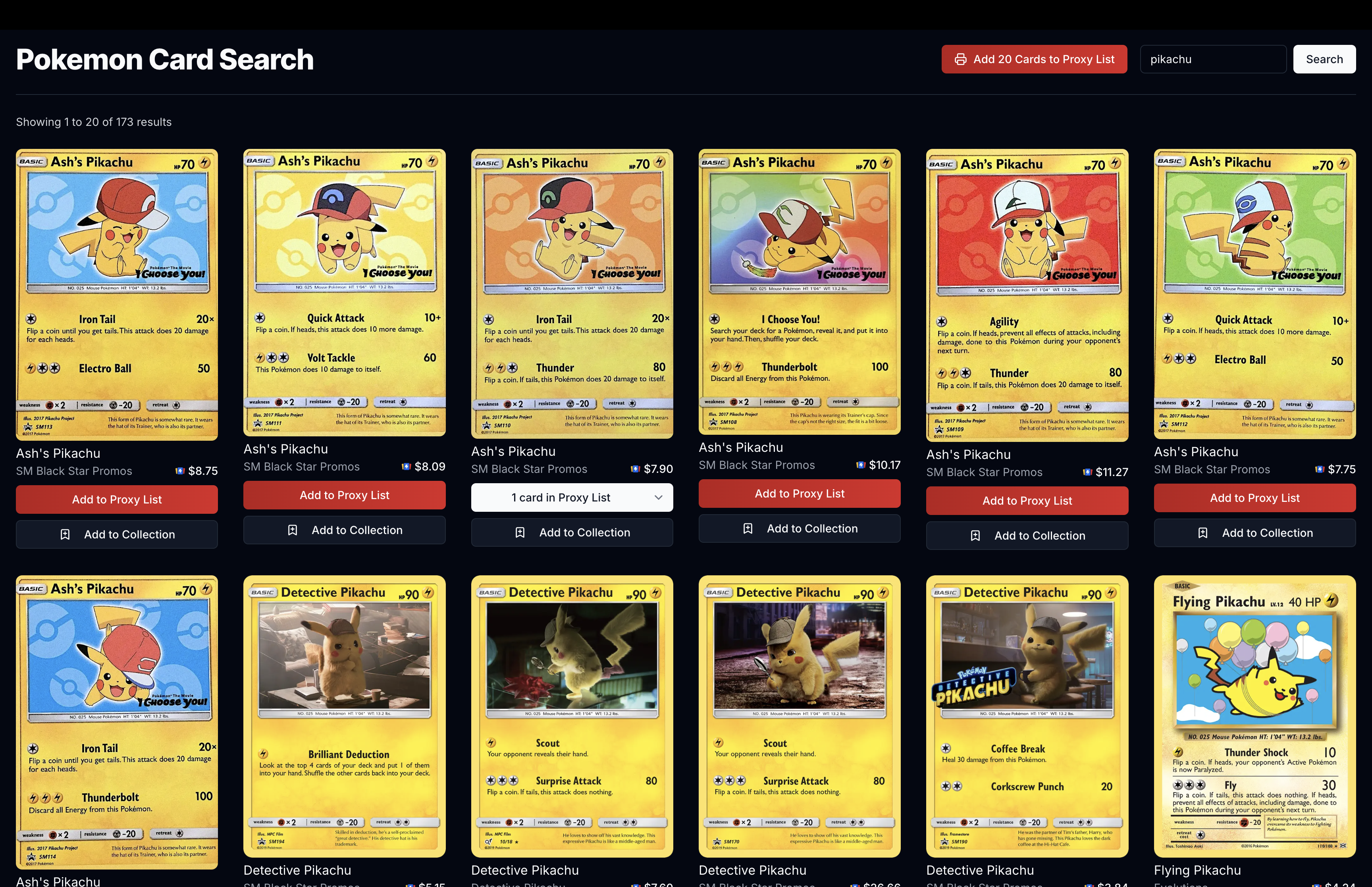 Pokemon card search interface with filtering options